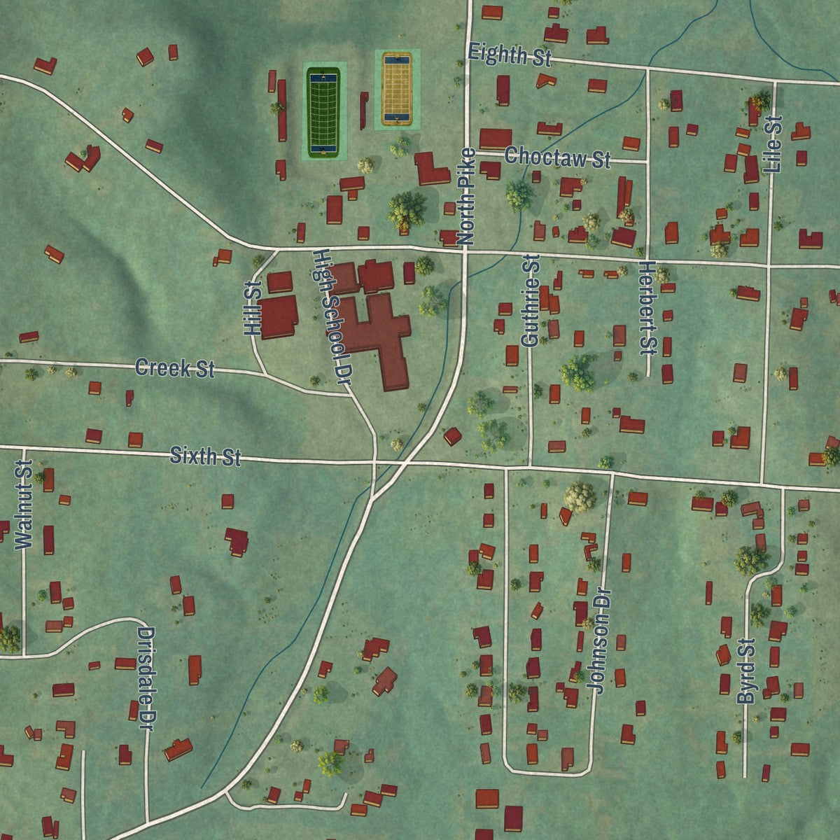 Close-up of the map of Cherokee, Alabama print showing street and building detail