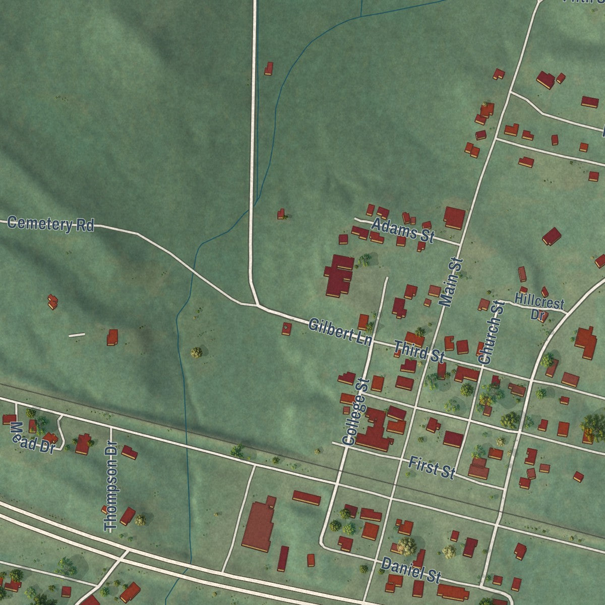 Second close-up of the map of Cherokee, Alabama print showing more streets and buildings
