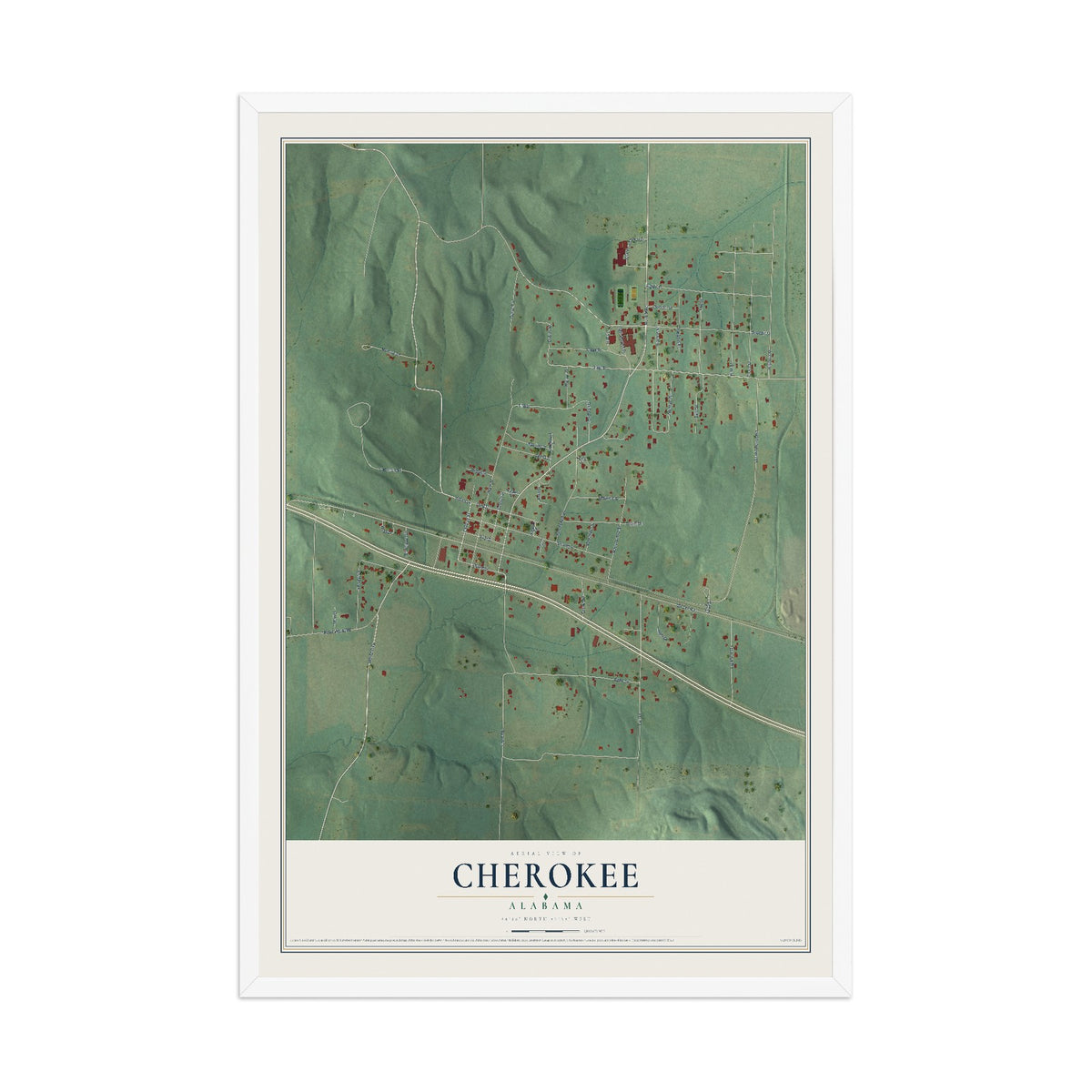 Map of Cherokee, Alabama, 12 x 18 inch print in a white wood frame