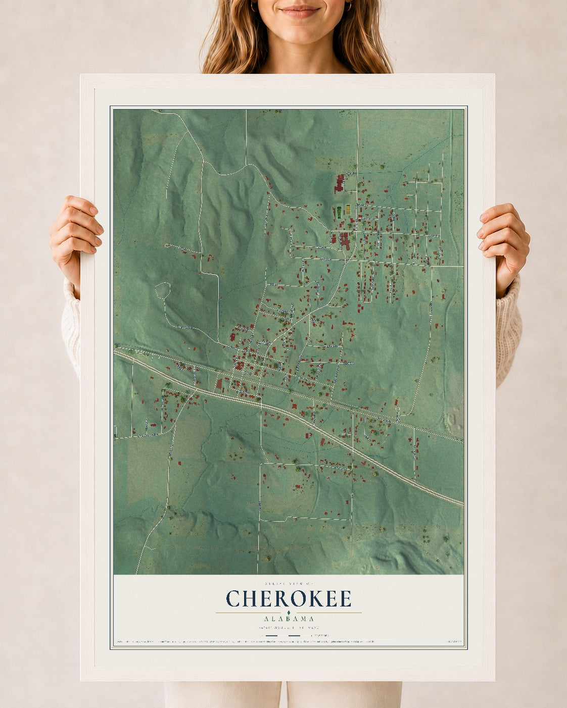 Map of Cherokee, Alabama, 24 x 36 inch print in a white wood frame