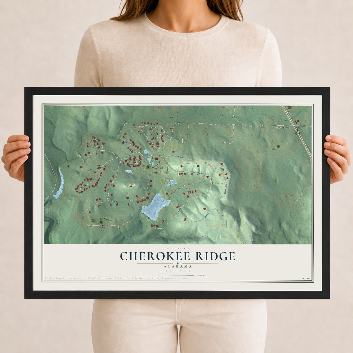 Map of Cherokee Ridge, Alabama, 12 x 18 inch print in a black wood frame