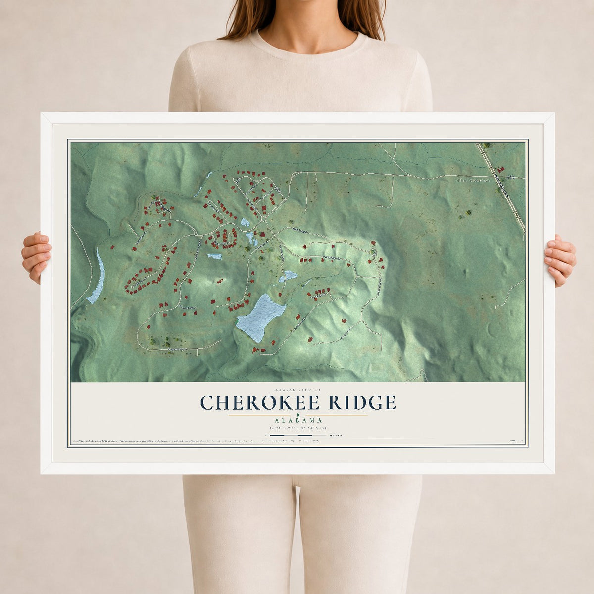 Map of Cherokee Ridge, Alabama, 24 x 36 inch print in a white wood frame
