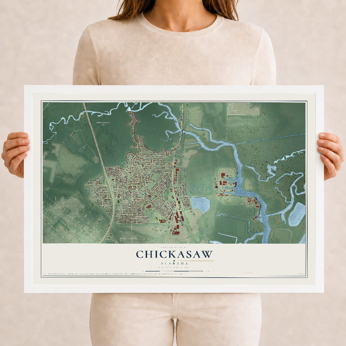 Map of Chickasaw, Alabama, 12 x 18 inch print in a white wood frame