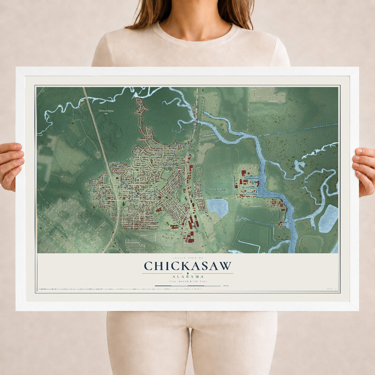Map of Chickasaw, Alabama, 18 x 24 inch print in a white wood frame