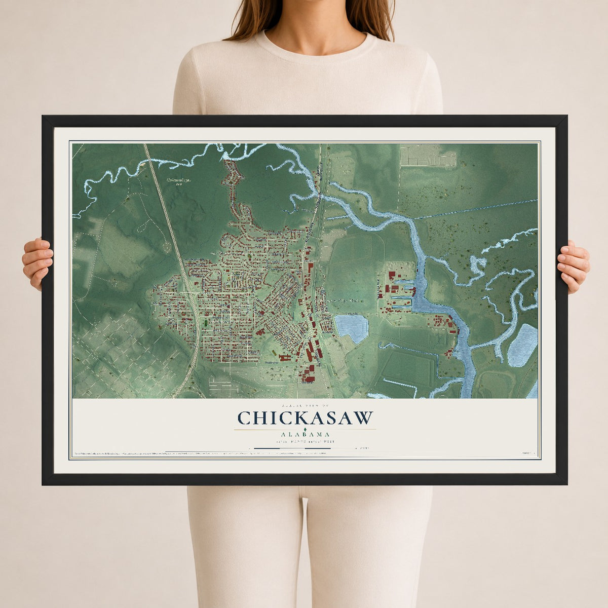 Map of Chickasaw, Alabama, 24 x 36 inch print in a black wood frame