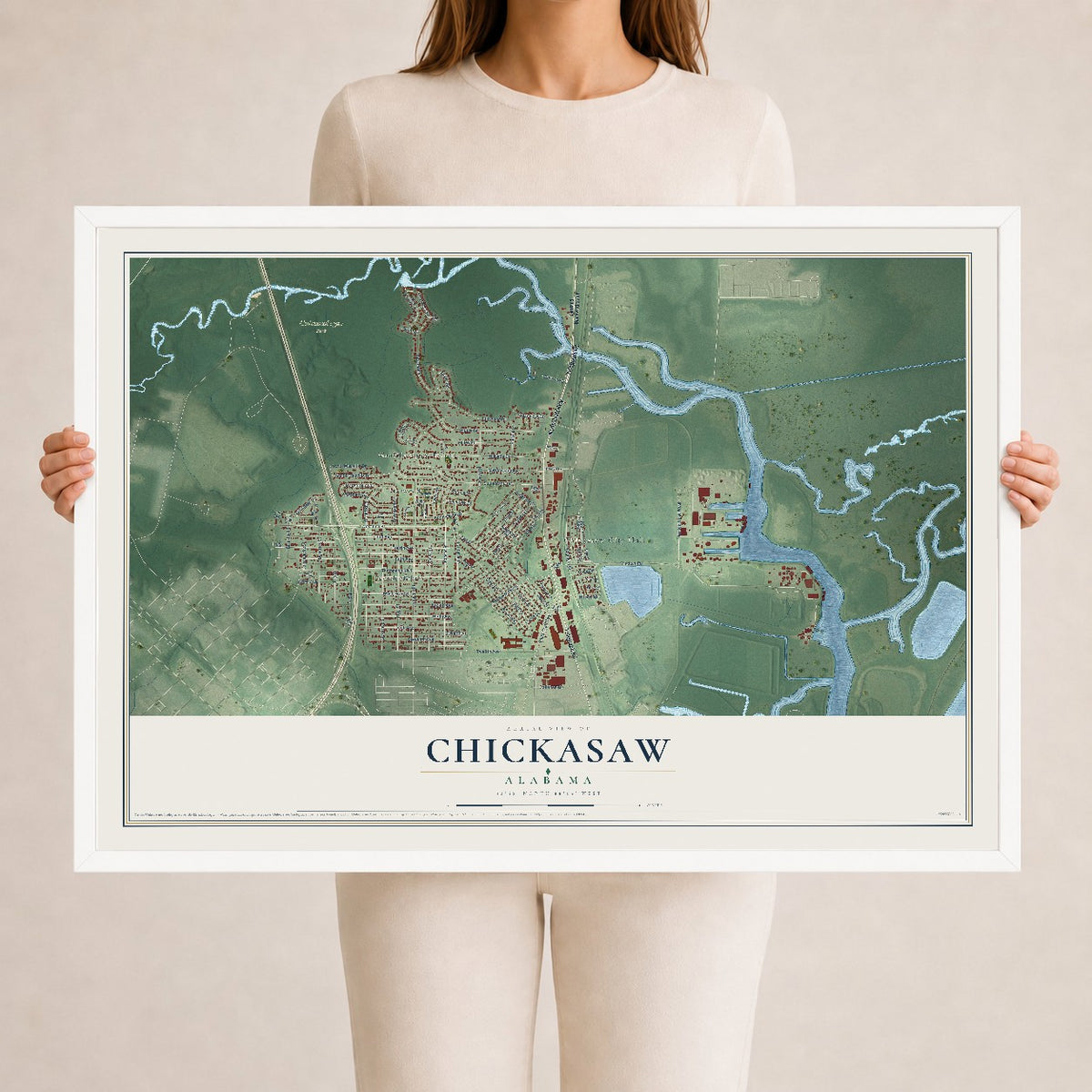 Map of Chickasaw, Alabama, 24 x 36 inch print in a white wood frame