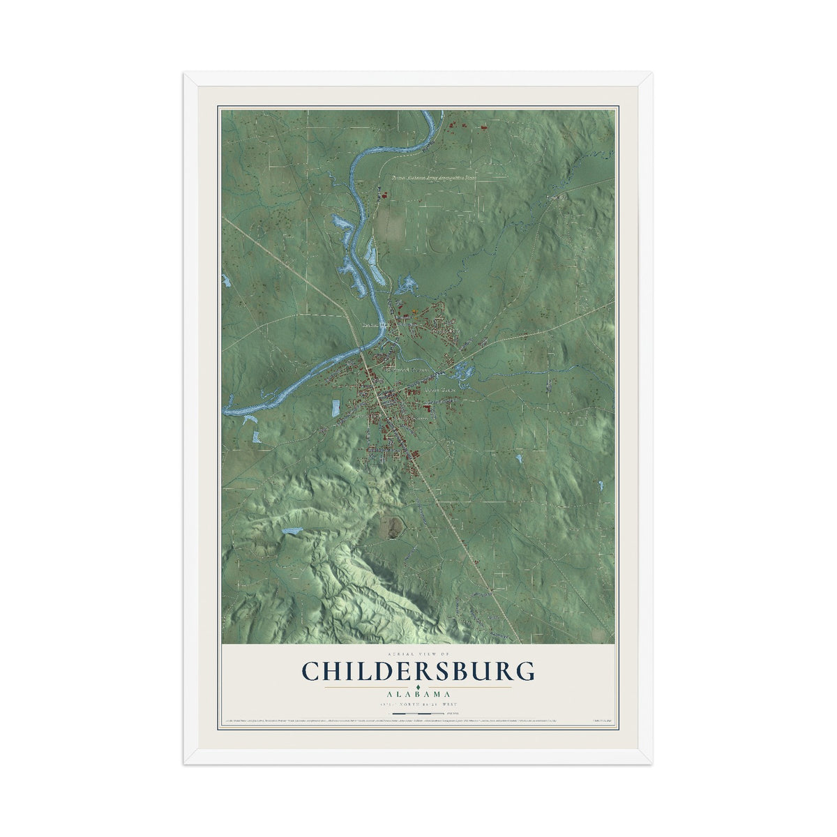 Map of Childersburg, Alabama, 12 x 18 inch print in a white wood frame