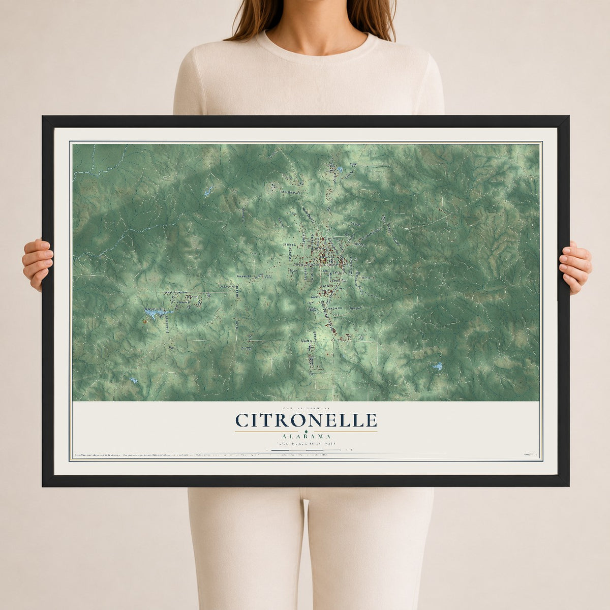Map of Citronelle, Alabama, 24 x 36 inch print in a black wood frame