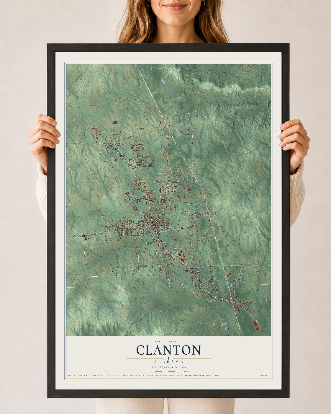 Map of Clanton, Alabama, 24 x 36 inch print in a black wood frame