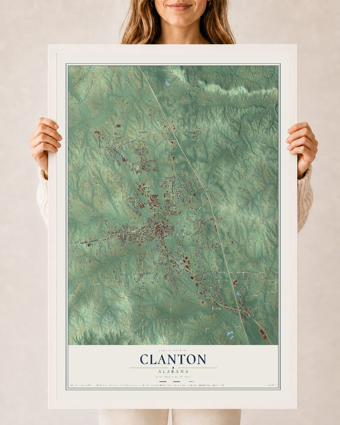 Map of Clanton, Alabama, 24 x 36 inch print in a white wood frame