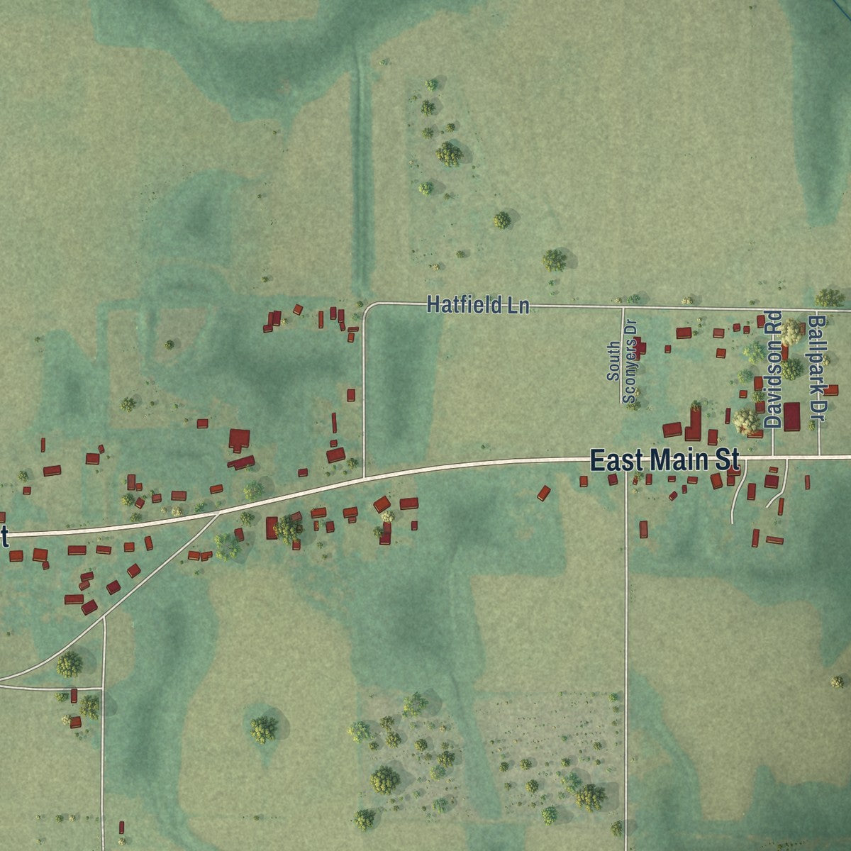 Close-up of the map of Clayhatchee, Alabama print showing street and building detail