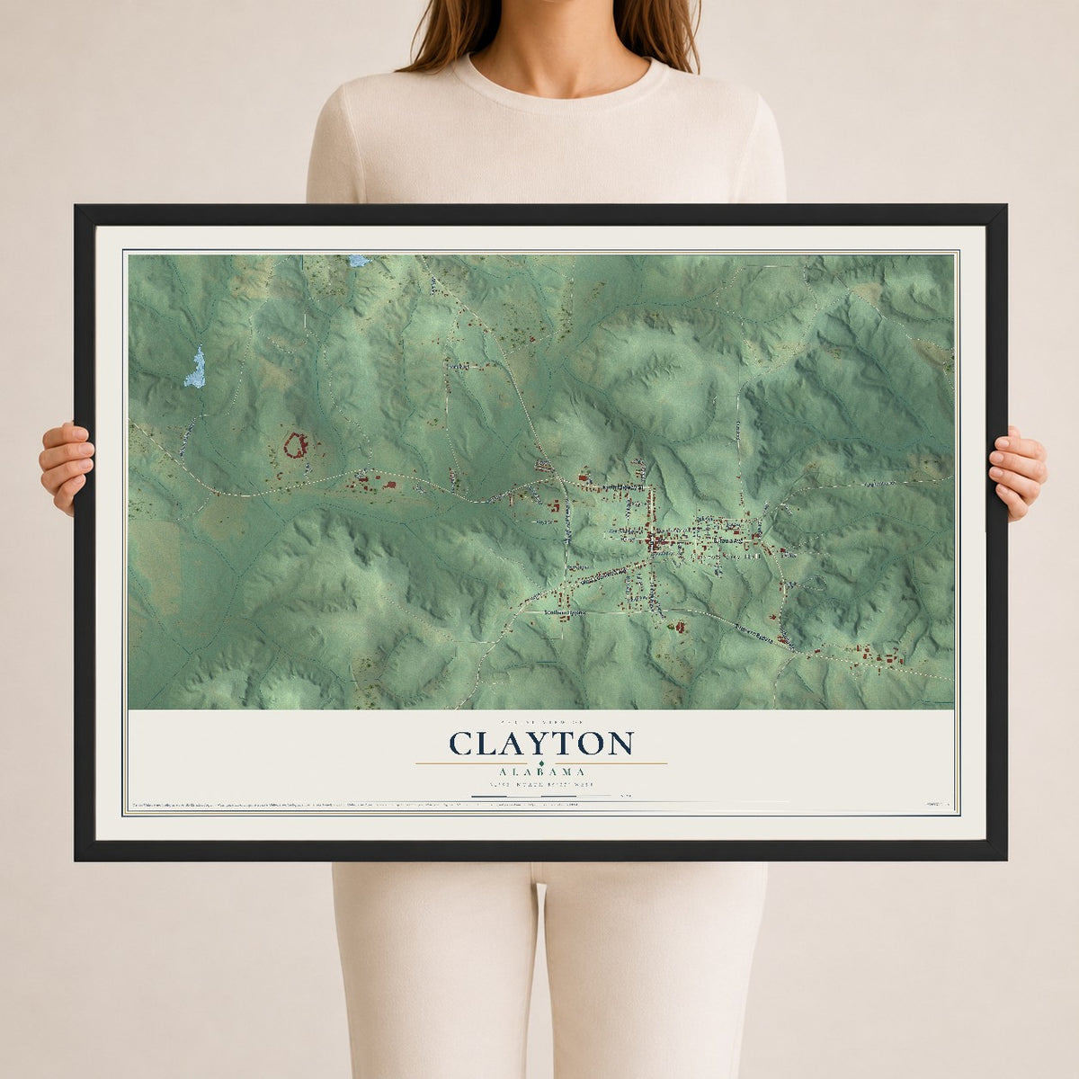 Map of Clayton, Alabama, 24 x 36 inch print in a black wood frame