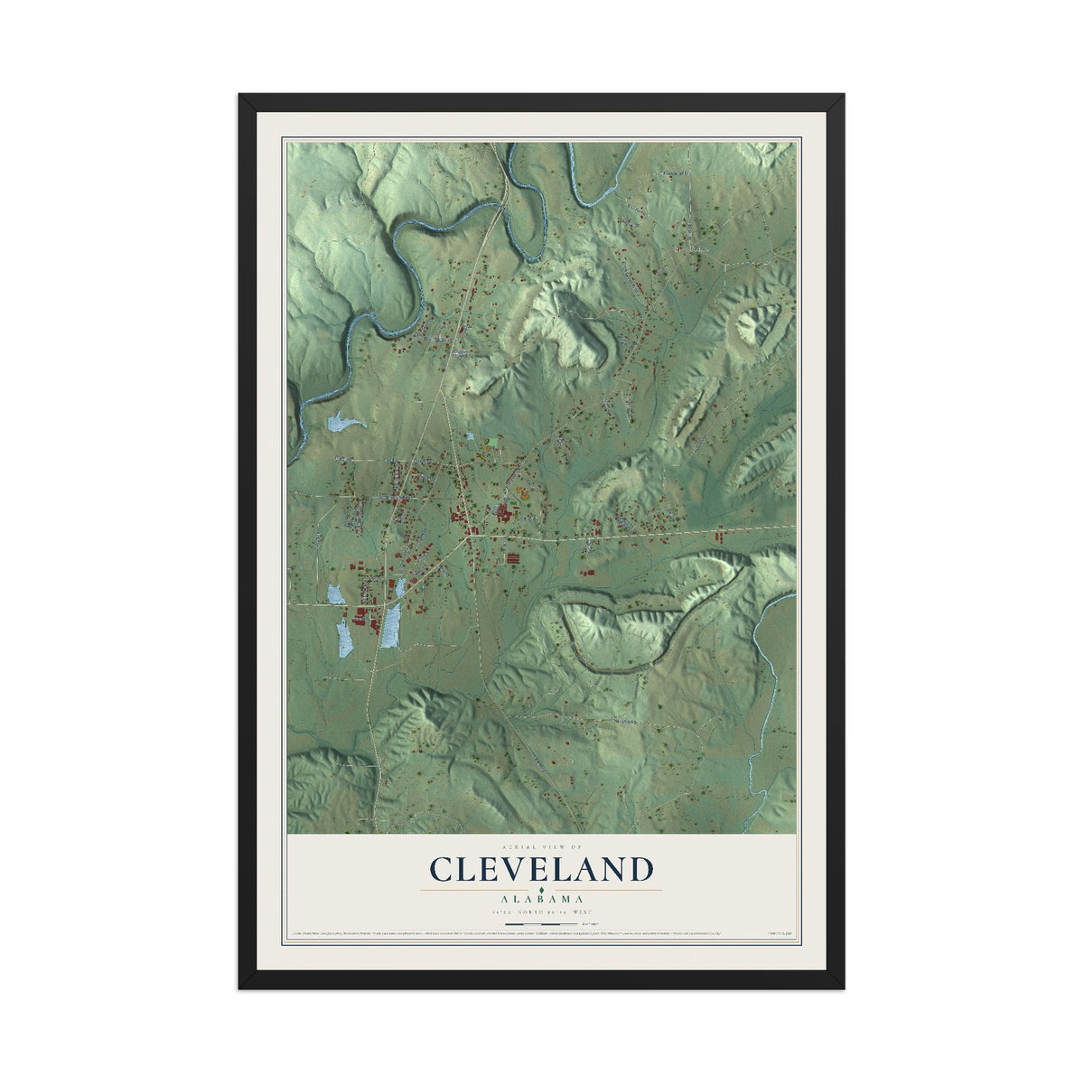 Map of Cleveland, Alabama, 12 x 18 inch print in a black wood frame