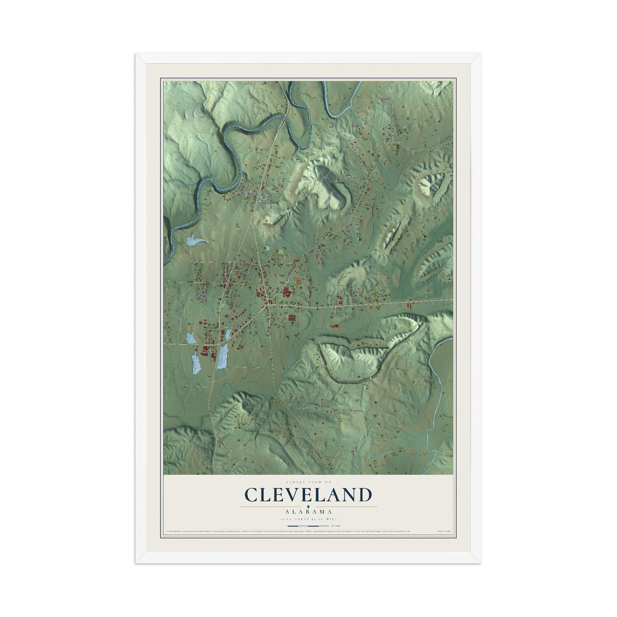Map of Cleveland, Alabama, 12 x 18 inch print in a white wood frame