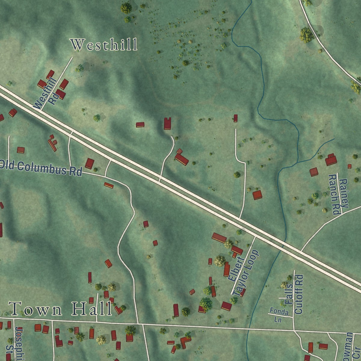 Close-up of the map of Coker, Alabama print showing street and building detail