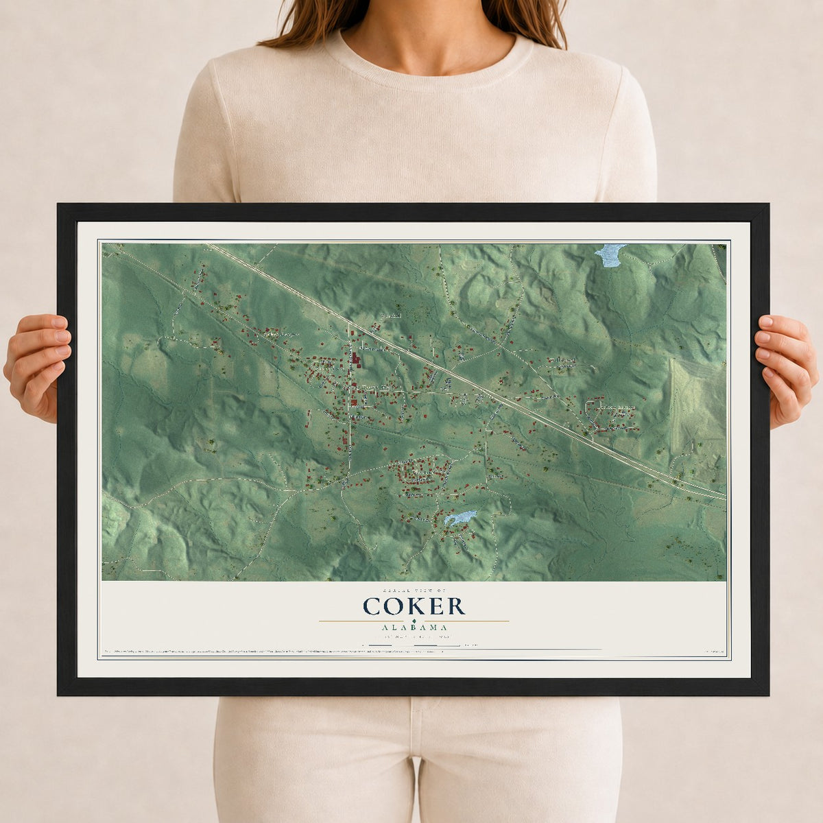 Map of Coker, Alabama, 12 x 18 inch print in a black wood frame