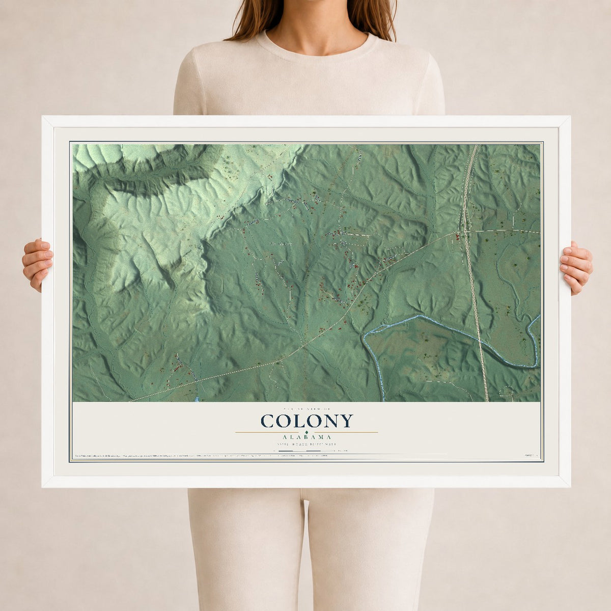 Map of Colony, Alabama, 24 x 36 inch print in a white wood frame