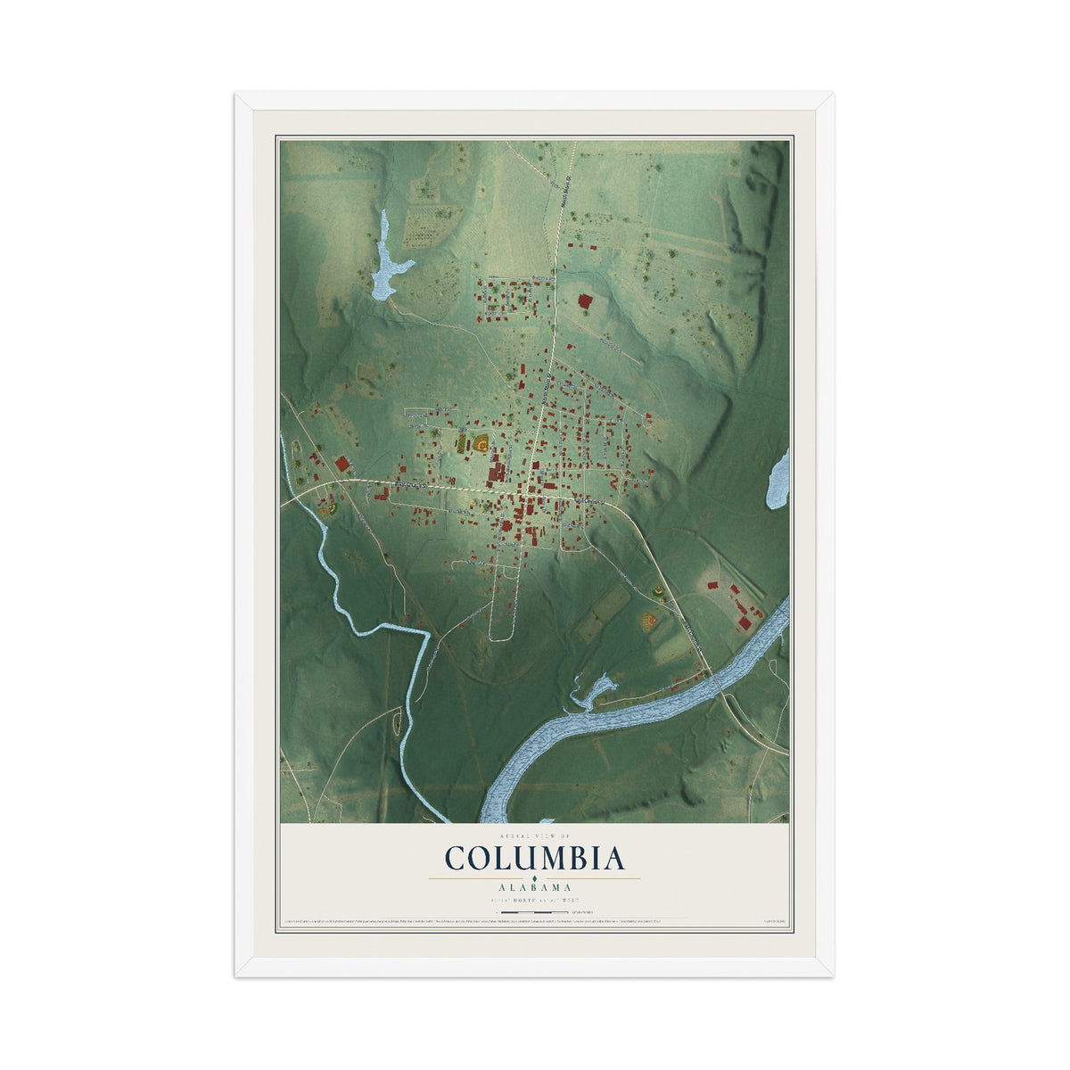 Map of Columbia, Alabama, 12 x 18 inch print in a white wood frame