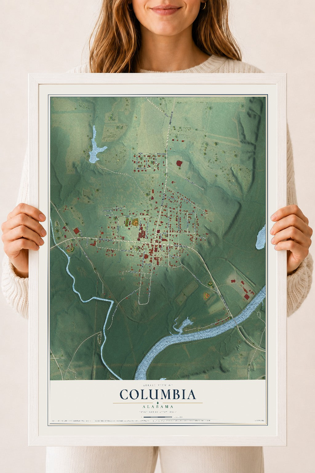 Map of Columbia, Alabama, 18 x 24 inch print in a white wood frame