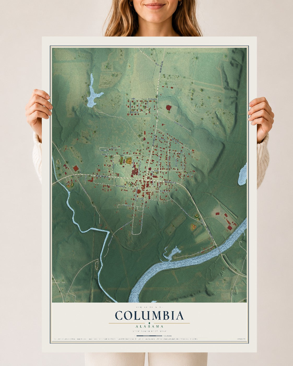 Map of Columbia, Alabama, 24 x 36 inch unframed archival matte print