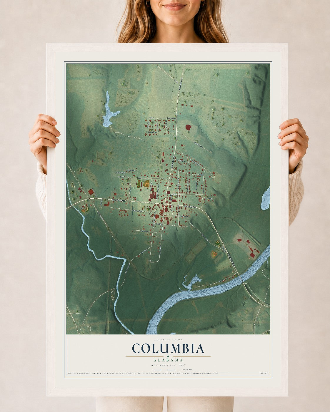 Map of Columbia, Alabama, 24 x 36 inch print in a white wood frame
