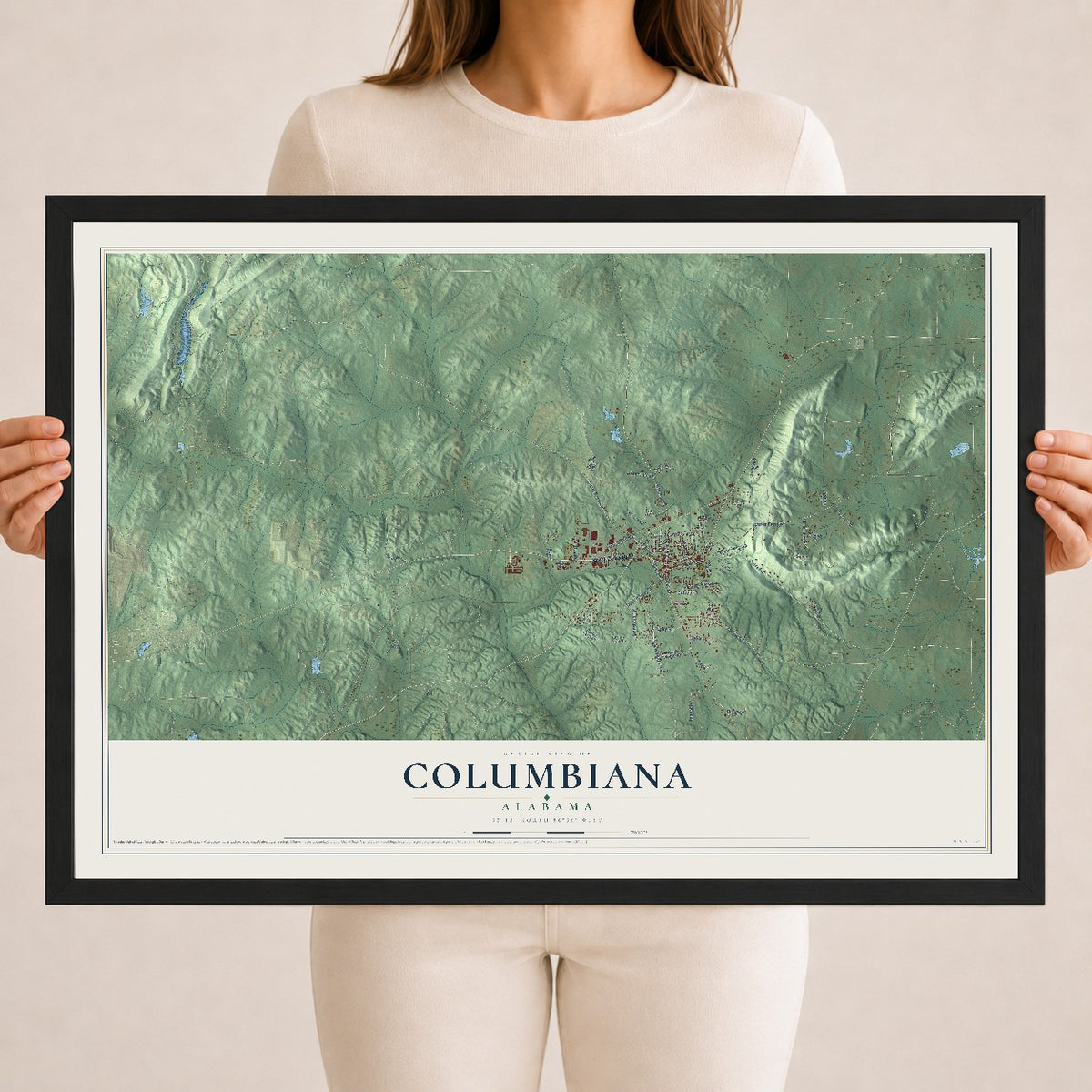 Map of Columbiana, Alabama, 18 x 24 inch print in a black wood frame