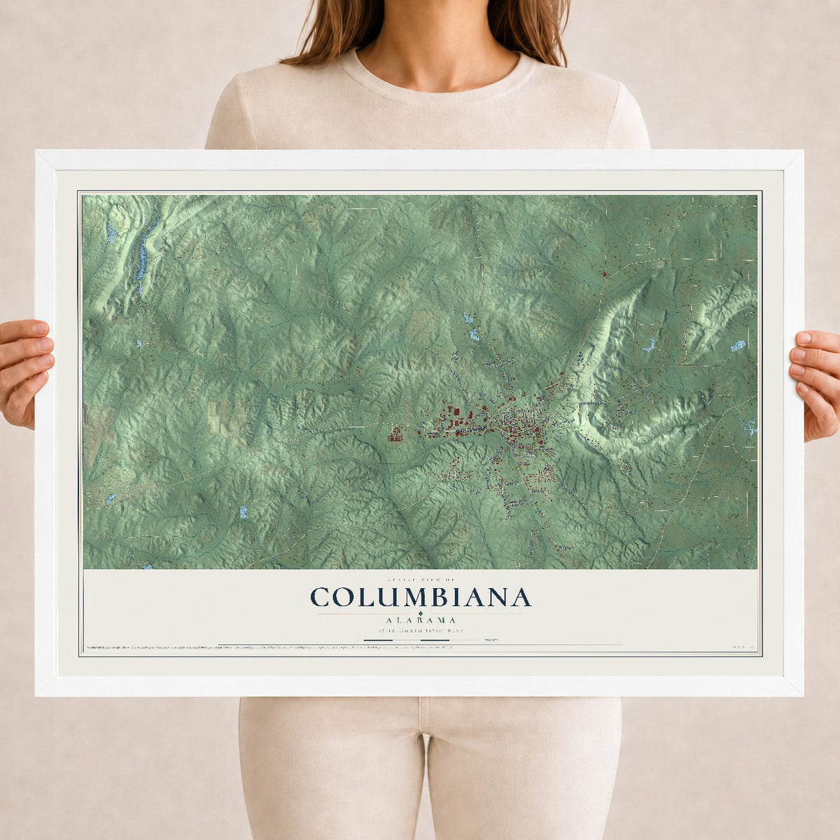 Map of Columbiana, Alabama, 18 x 24 inch print in a white wood frame