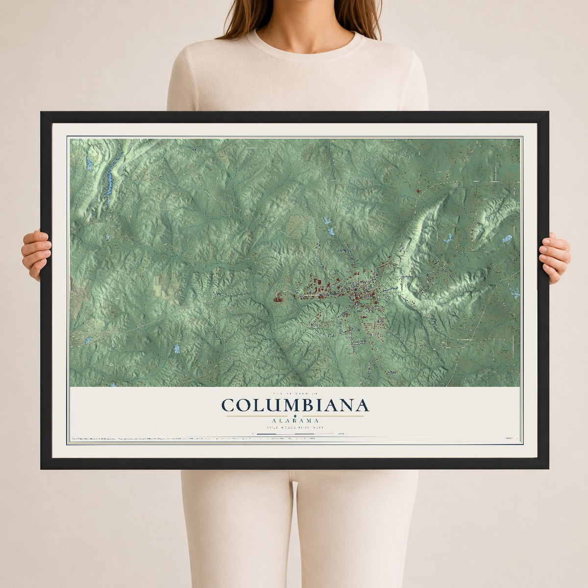 Map of Columbiana, Alabama, 24 x 36 inch print in a black wood frame