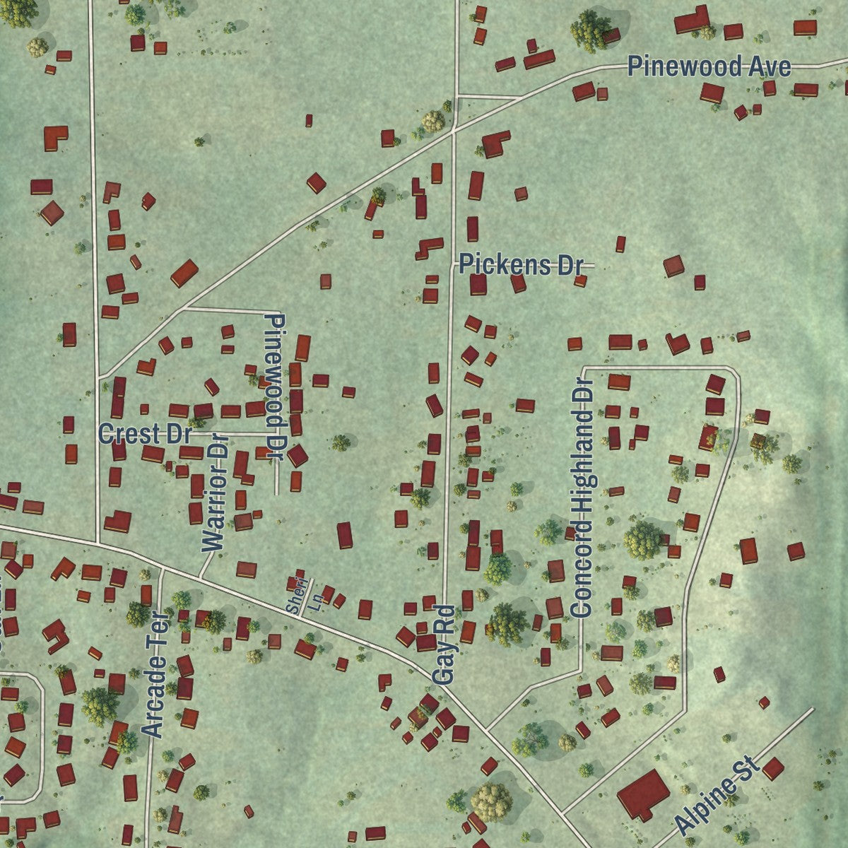 Close-up of the map of Concord, Alabama print showing street and building detail