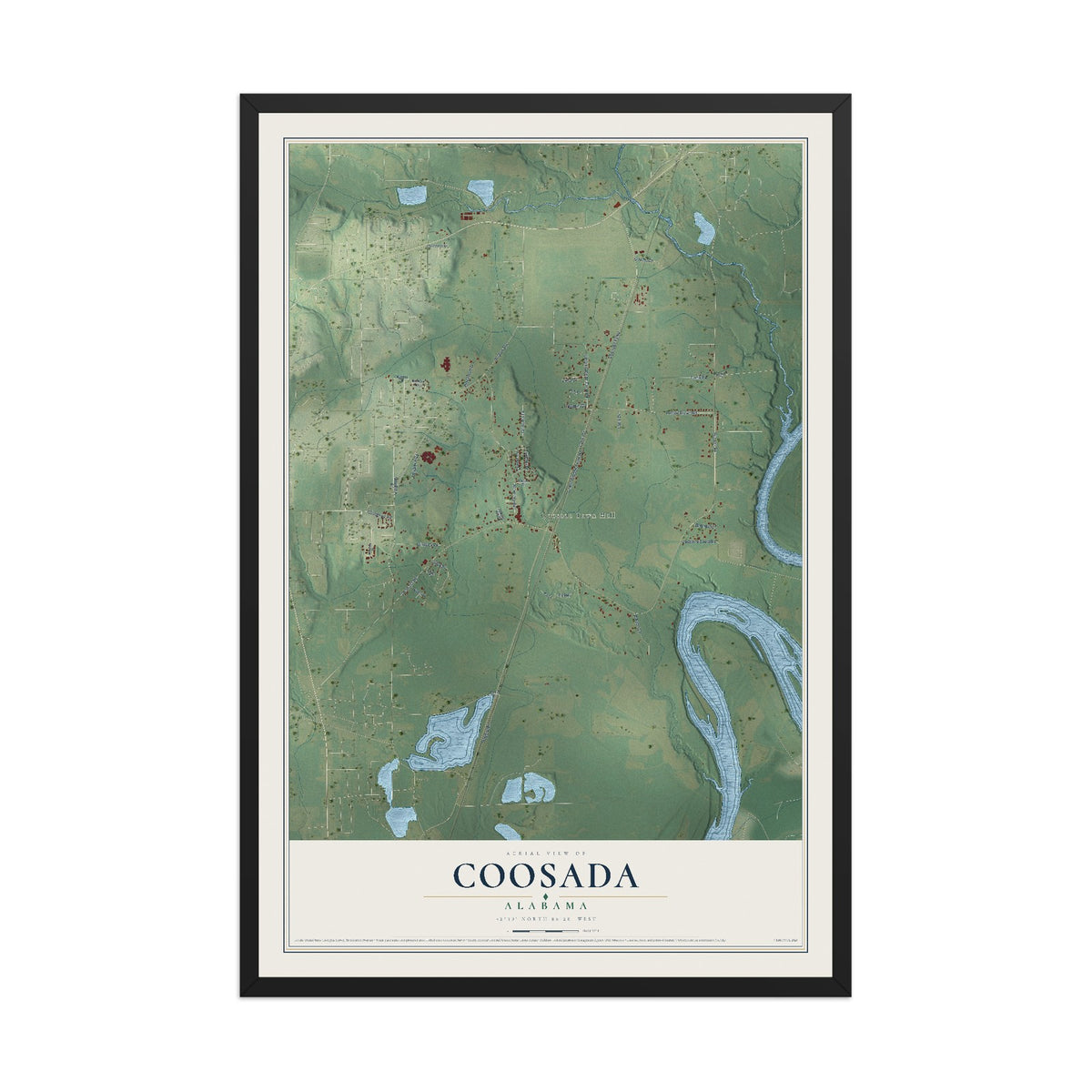 Map of Coosada, Alabama, 12 x 18 inch print in a black wood frame