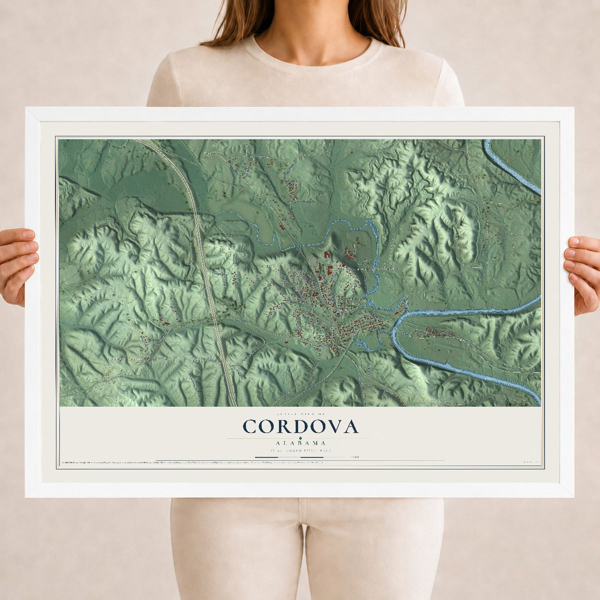 Map of Cordova, Alabama, 18 x 24 inch print in a white wood frame