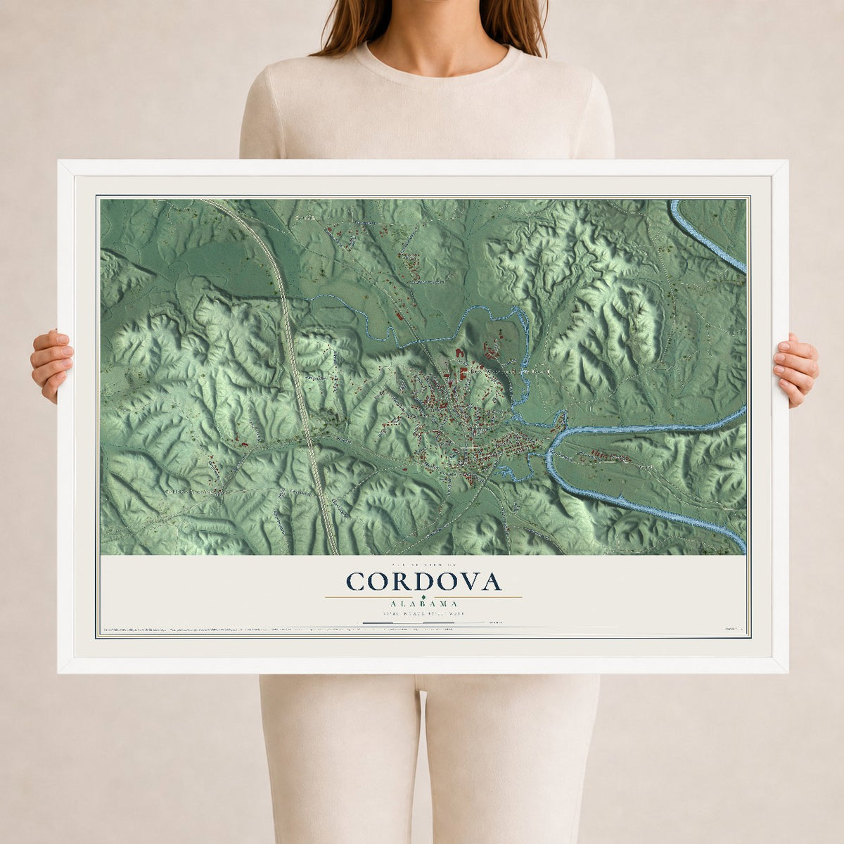 Map of Cordova, Alabama, 24 x 36 inch print in a white wood frame