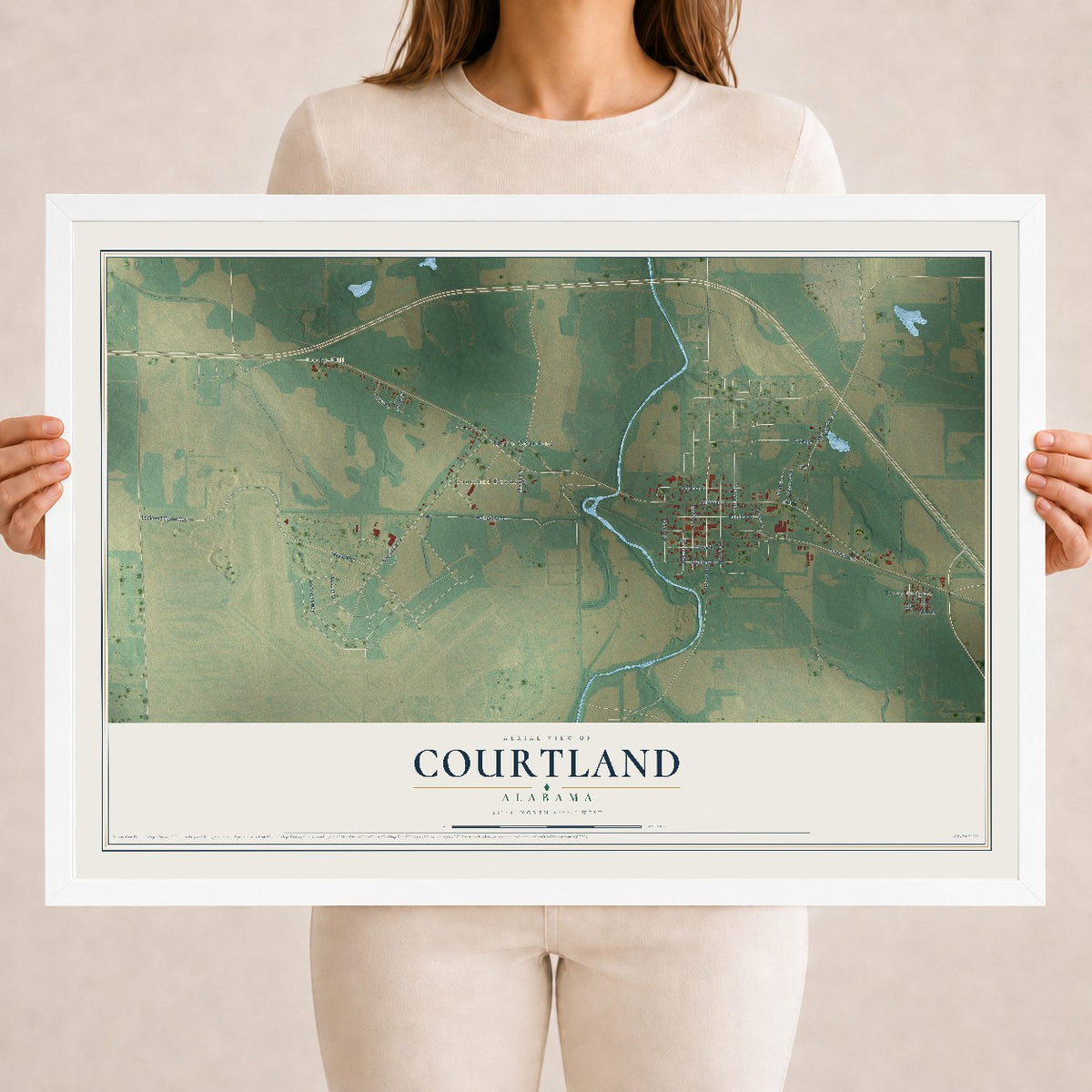 Map of Courtland, Alabama, 18 x 24 inch print in a white wood frame