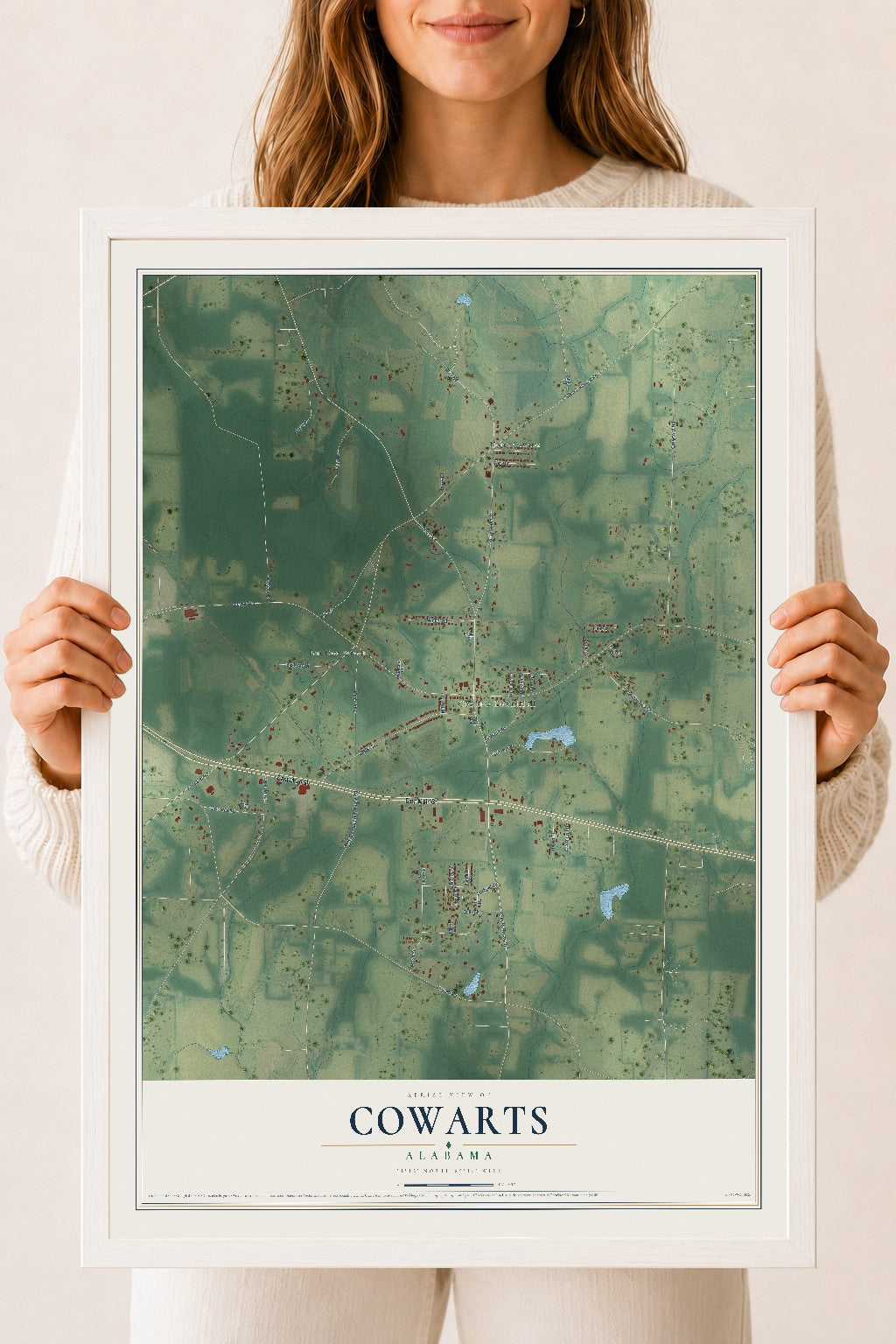 Map of Cowarts, Alabama, 18 x 24 inch print in a white wood frame