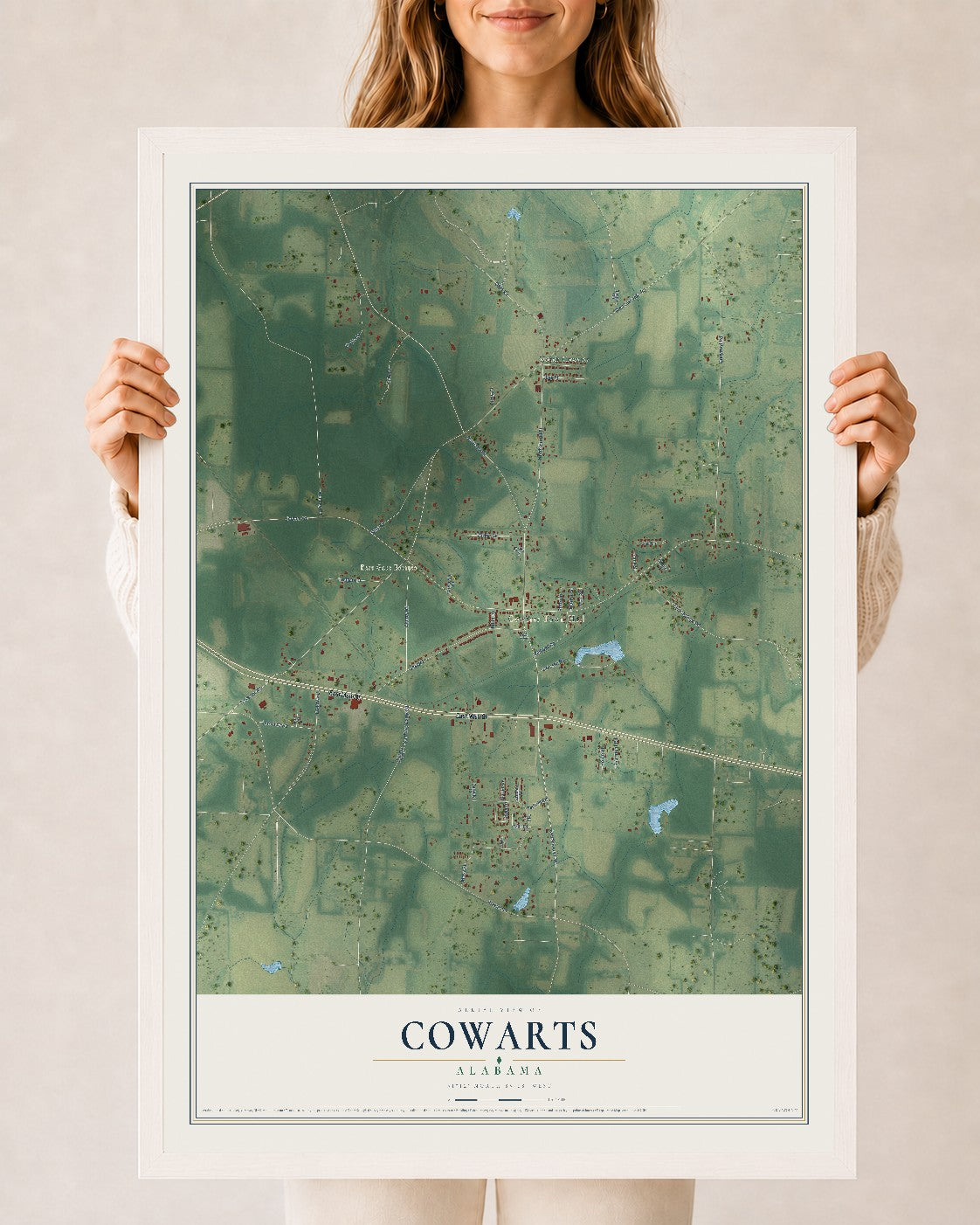 Map of Cowarts, Alabama, 24 x 36 inch print in a white wood frame