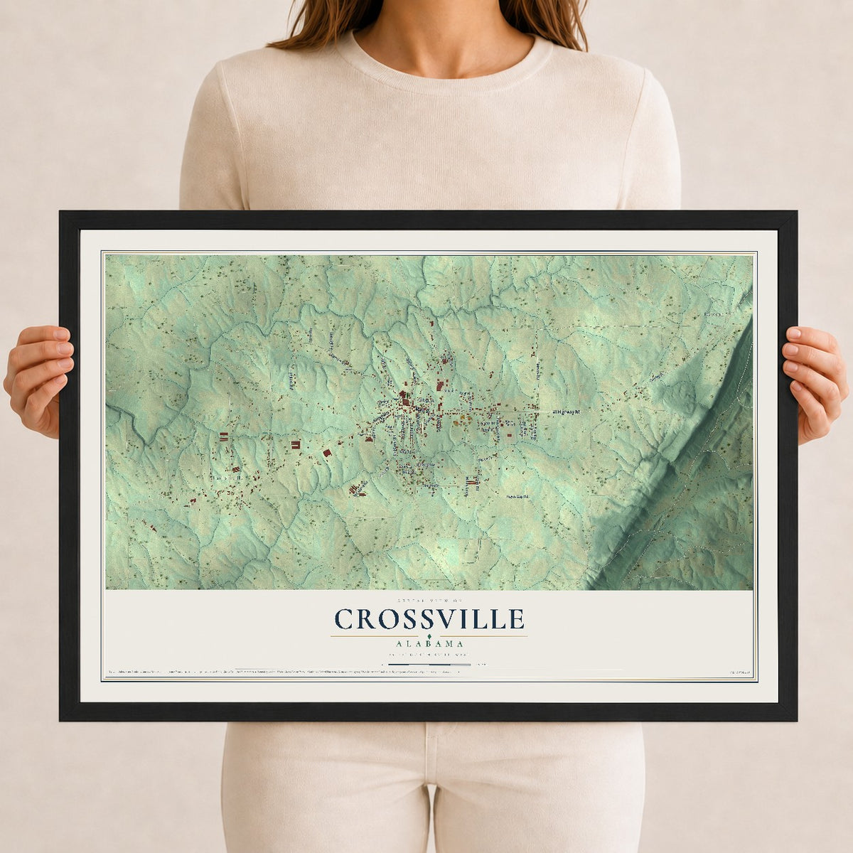 Map of Crossville, Alabama, 12 x 18 inch print in a black wood frame