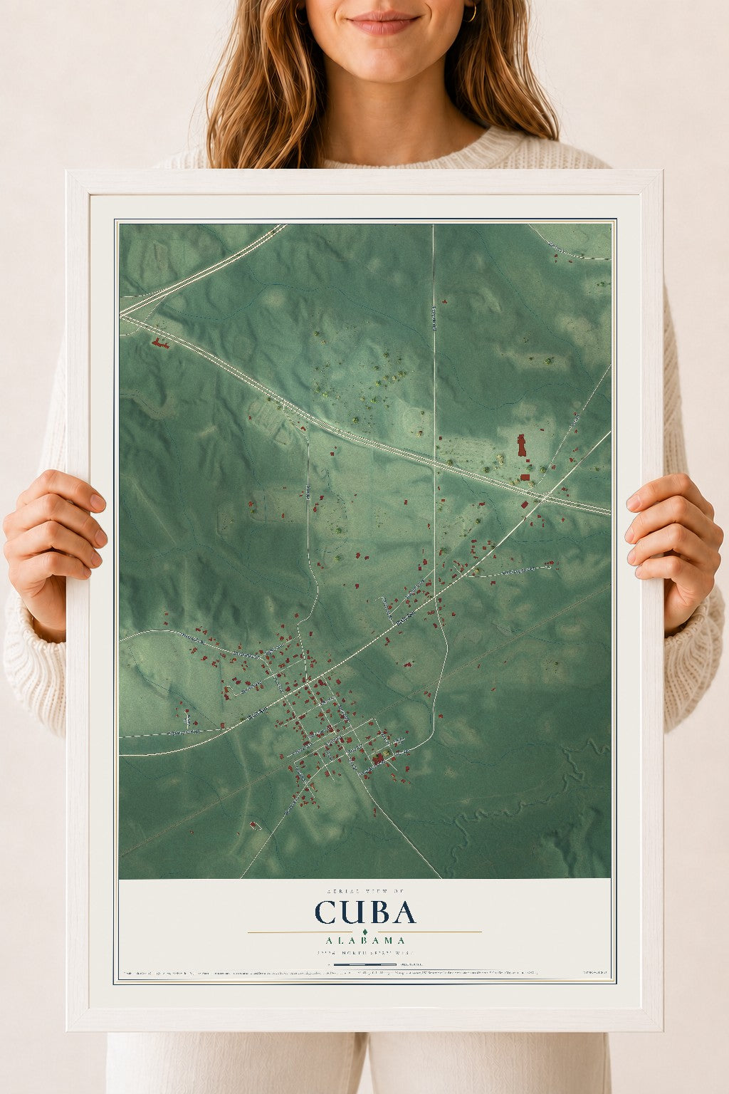 Map of Cuba, Alabama, 18 x 24 inch print in a white wood frame