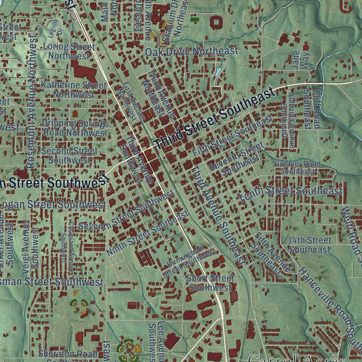 Close-up of the map of Cullman, Alabama print showing street and building detail
