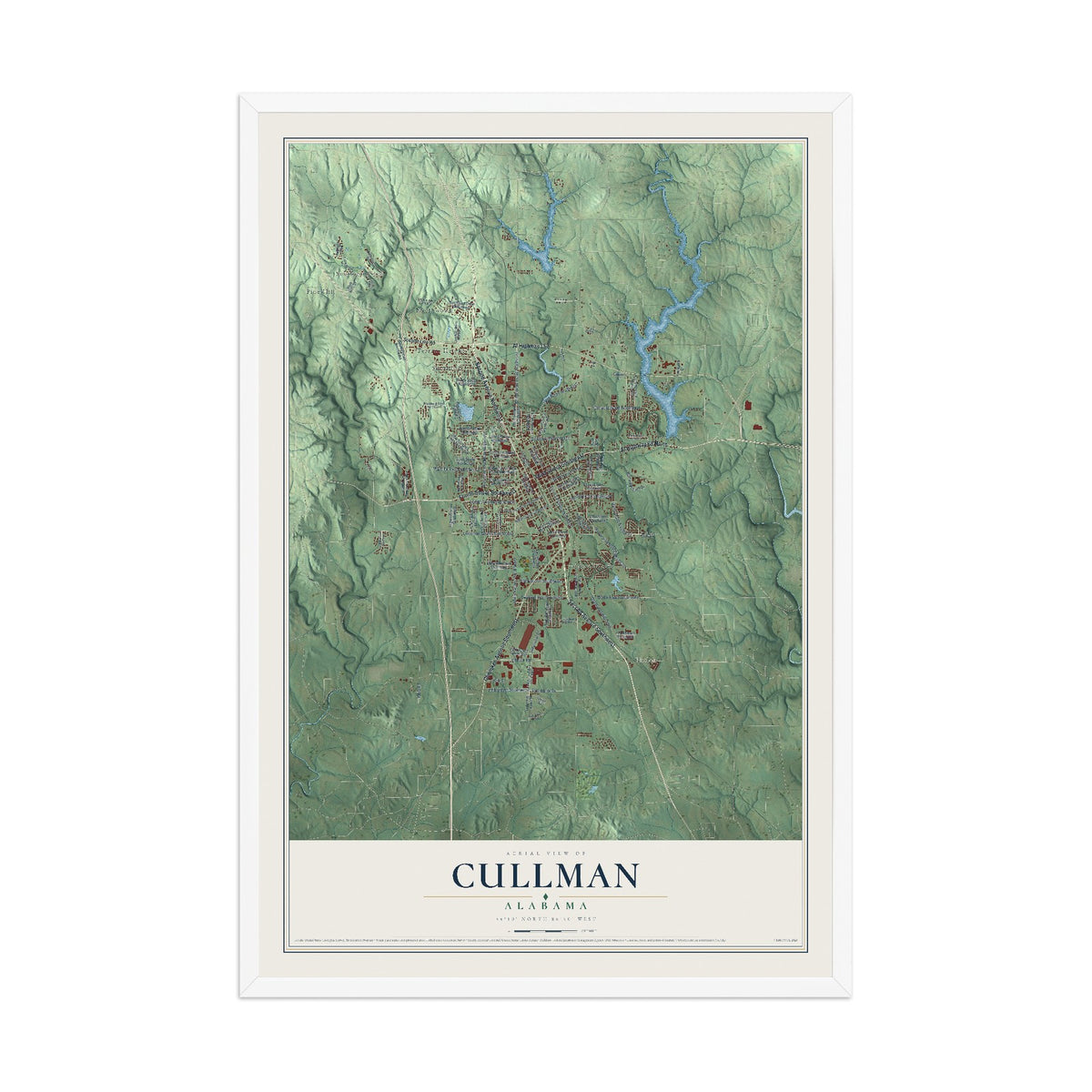 Map of Cullman, Alabama, 12 x 18 inch print in a white wood frame