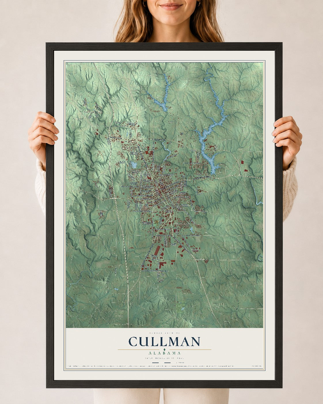 Map of Cullman, Alabama, 24 x 36 inch print in a black wood frame