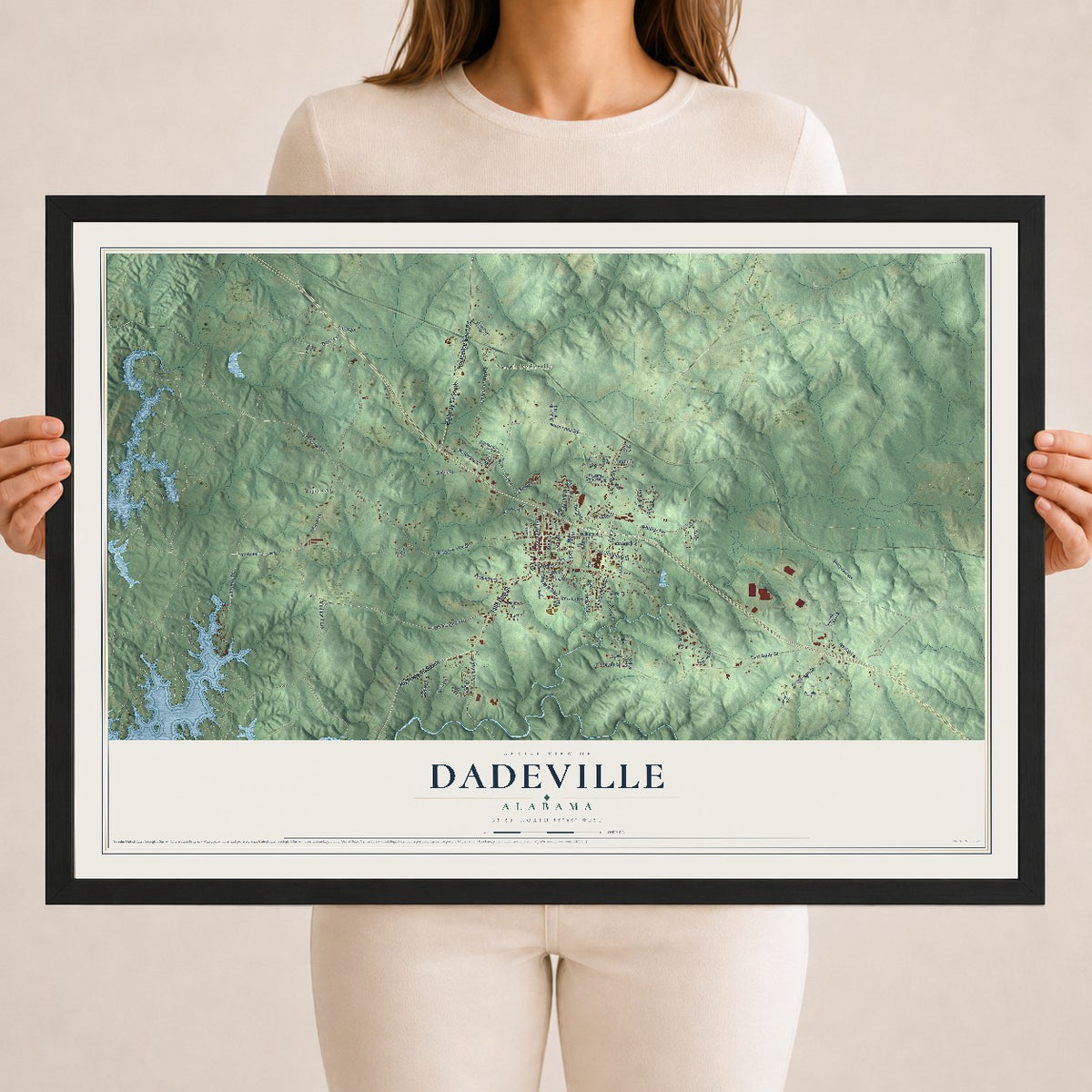 Map of Dadeville, Alabama, 18 x 24 inch print in a black wood frame