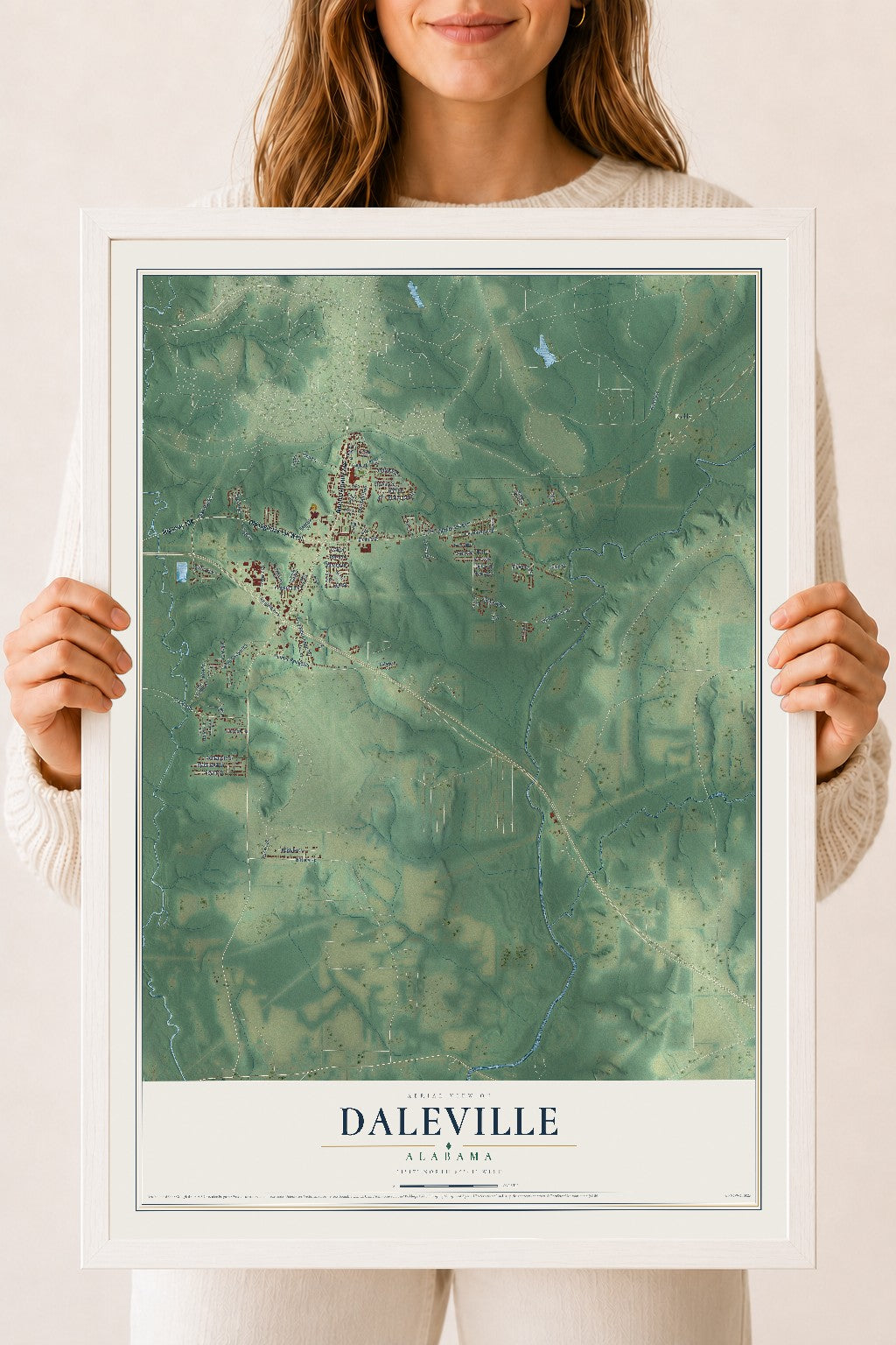 Map of Daleville, Alabama, 18 x 24 inch print in a white wood frame