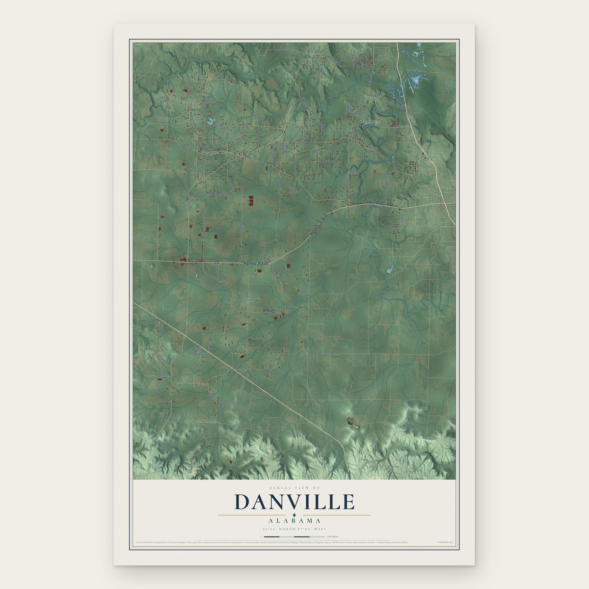 Danville, Alabama map print, the full design
