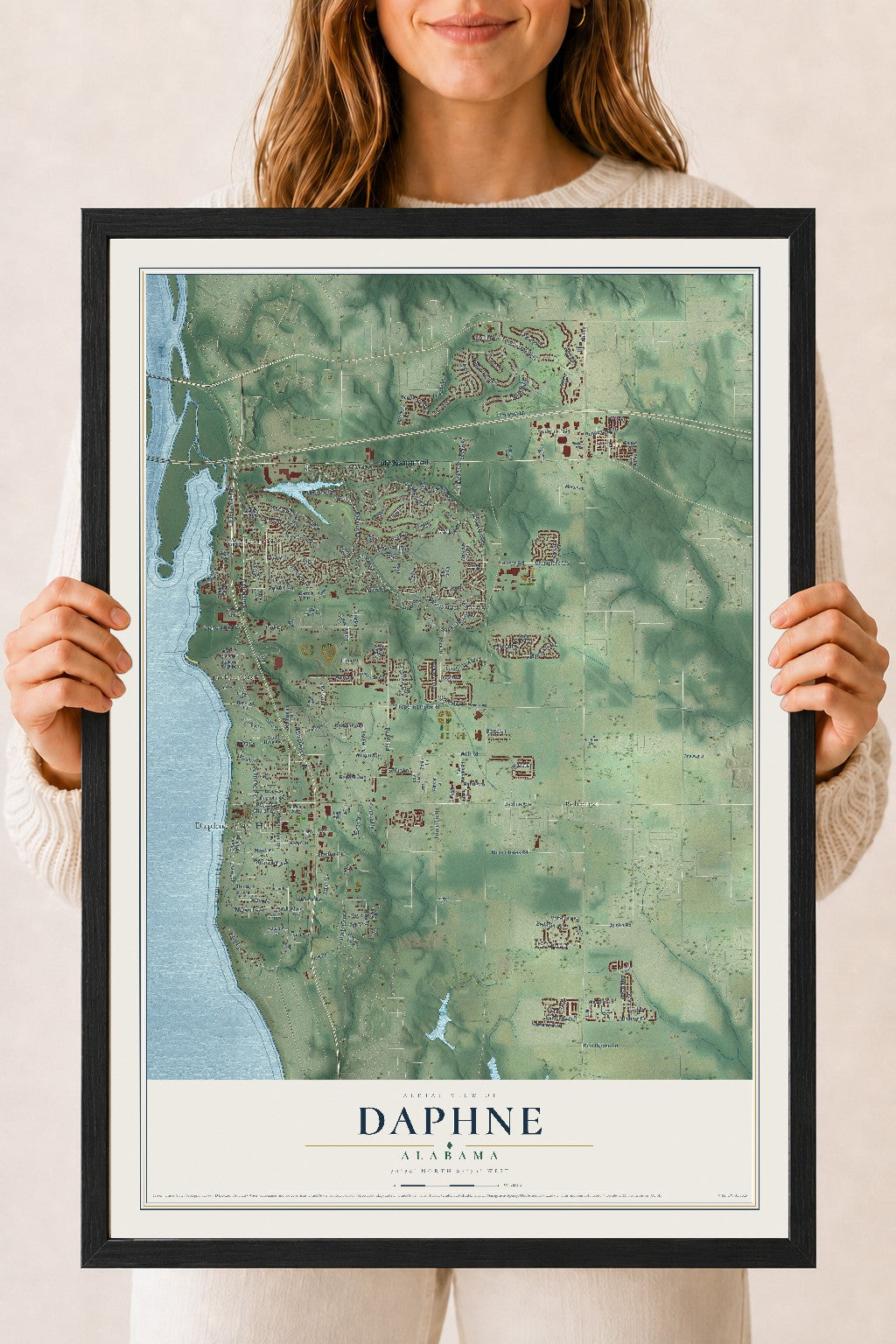 Map of Daphne, Alabama, 18 x 24 inch print in a black wood frame