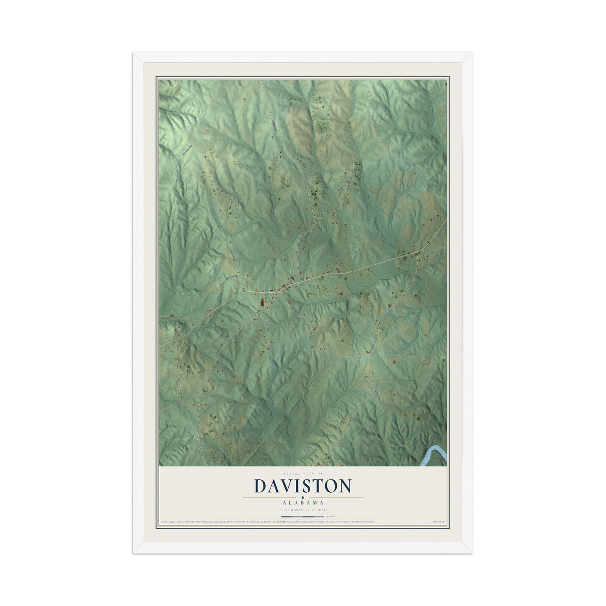 Map of Daviston, Alabama, 12 x 18 inch print in a white wood frame