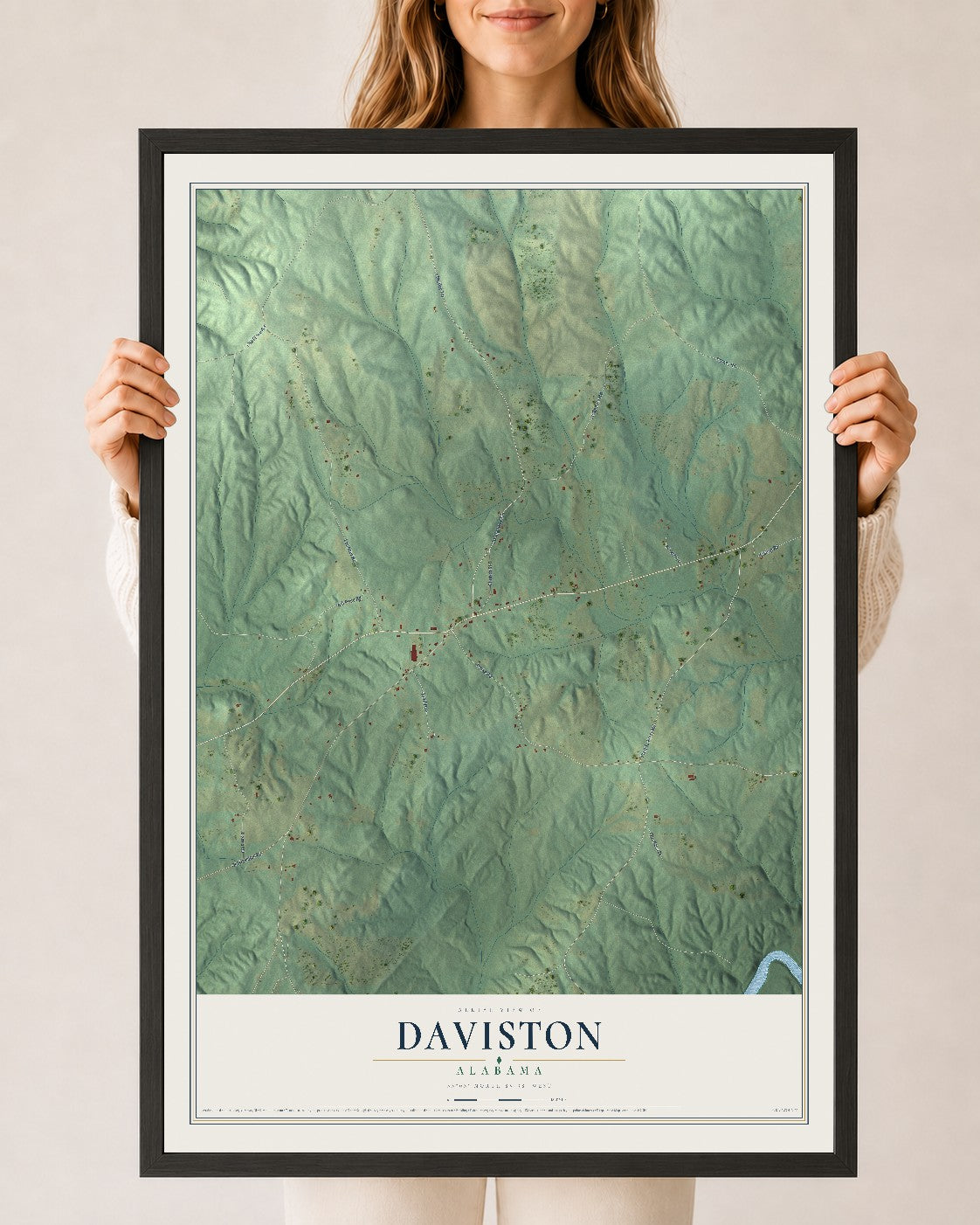 Map of Daviston, Alabama, 24 x 36 inch print in a black wood frame