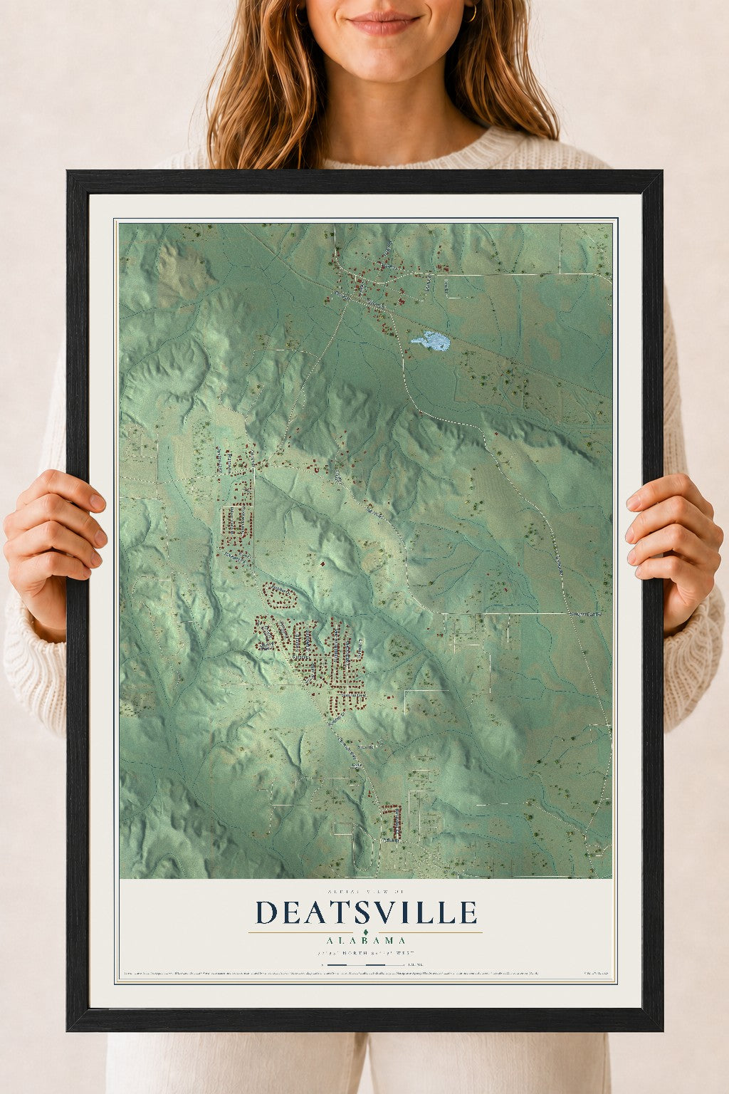 Map of Deatsville, Alabama, 18 x 24 inch print in a black wood frame