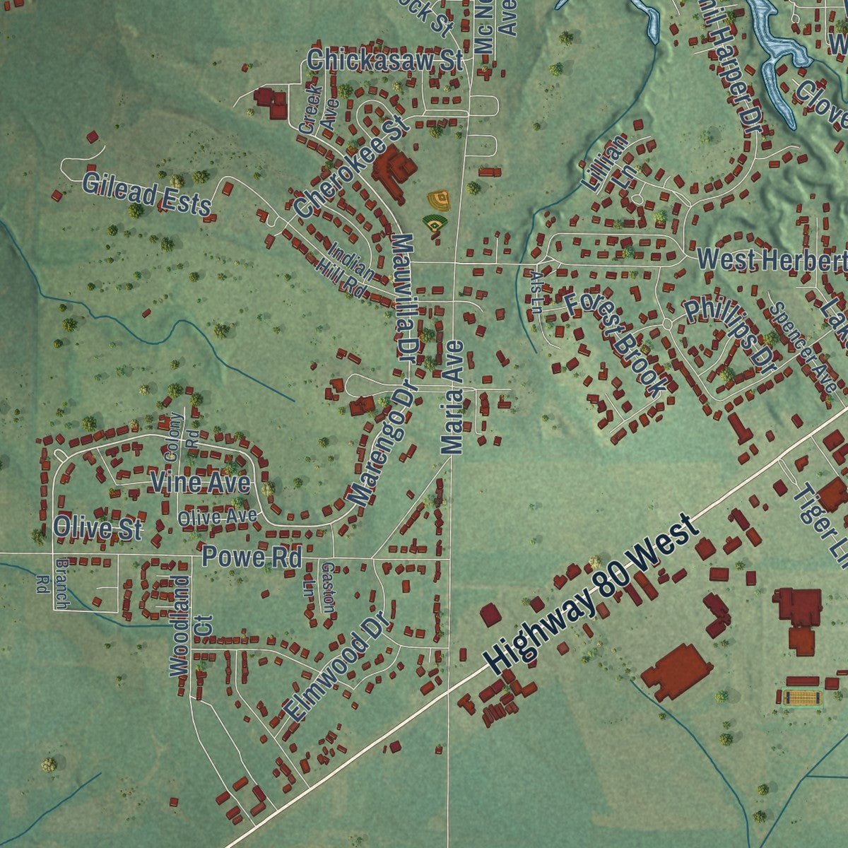 Second close-up of the map of Demopolis, Alabama print showing more streets and buildings
