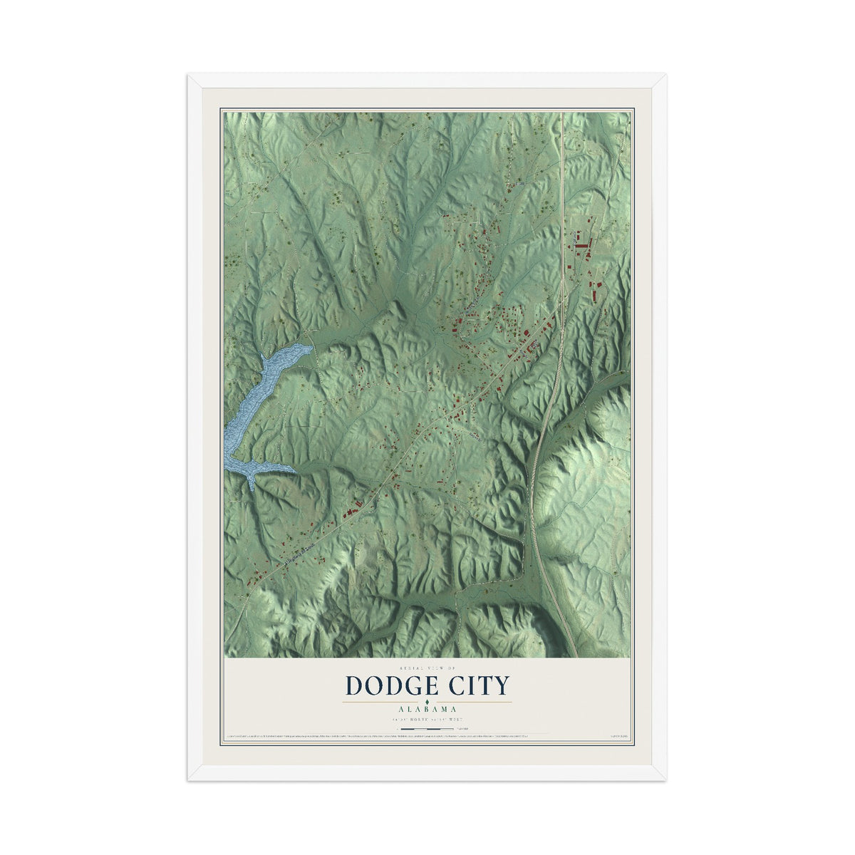 Map of Dodge City, Alabama, 12 x 18 inch print in a white wood frame