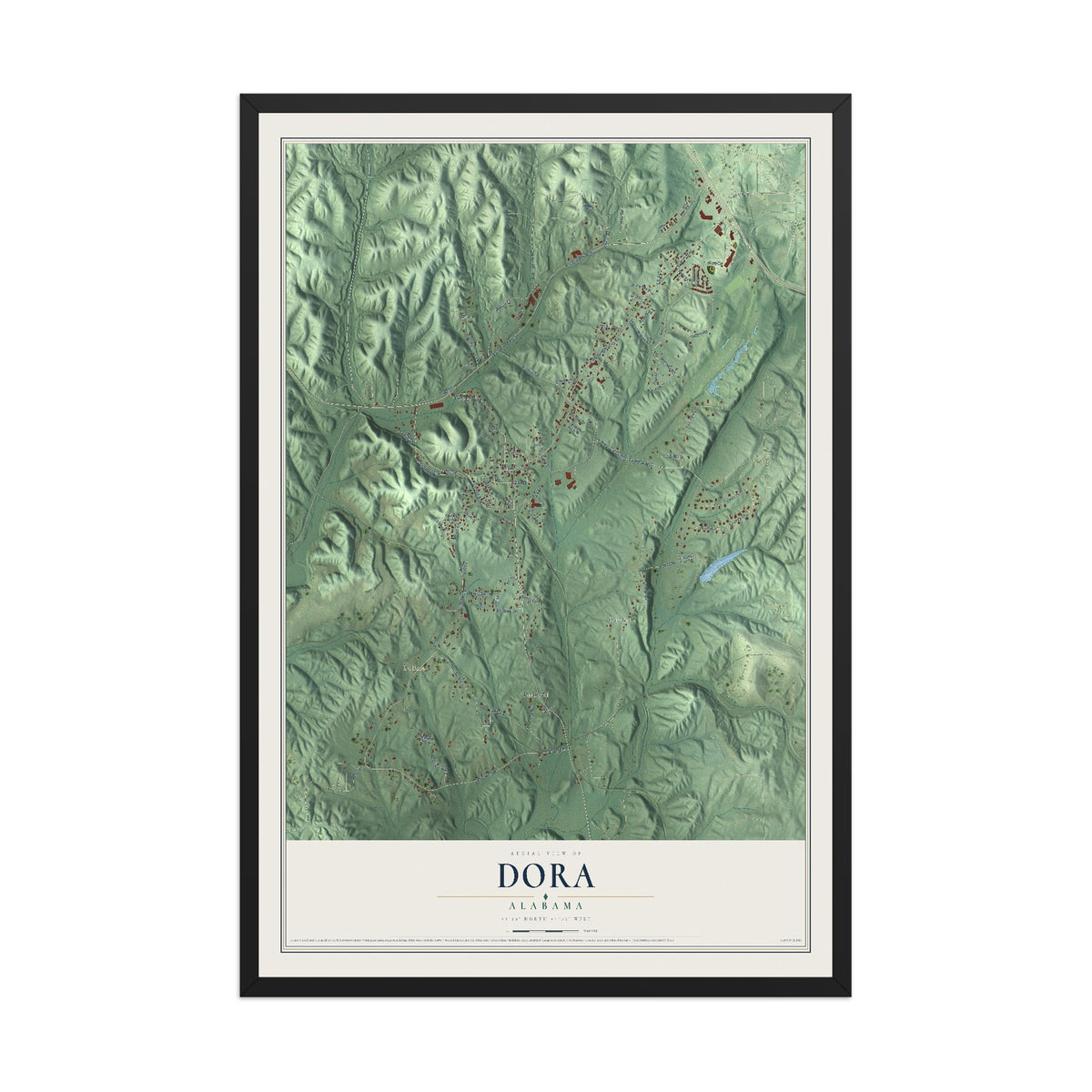 Map of Dora, Alabama, 12 x 18 inch print in a black wood frame